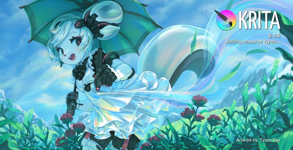 A splash page featuring Kiki, the digital mascot of Krita